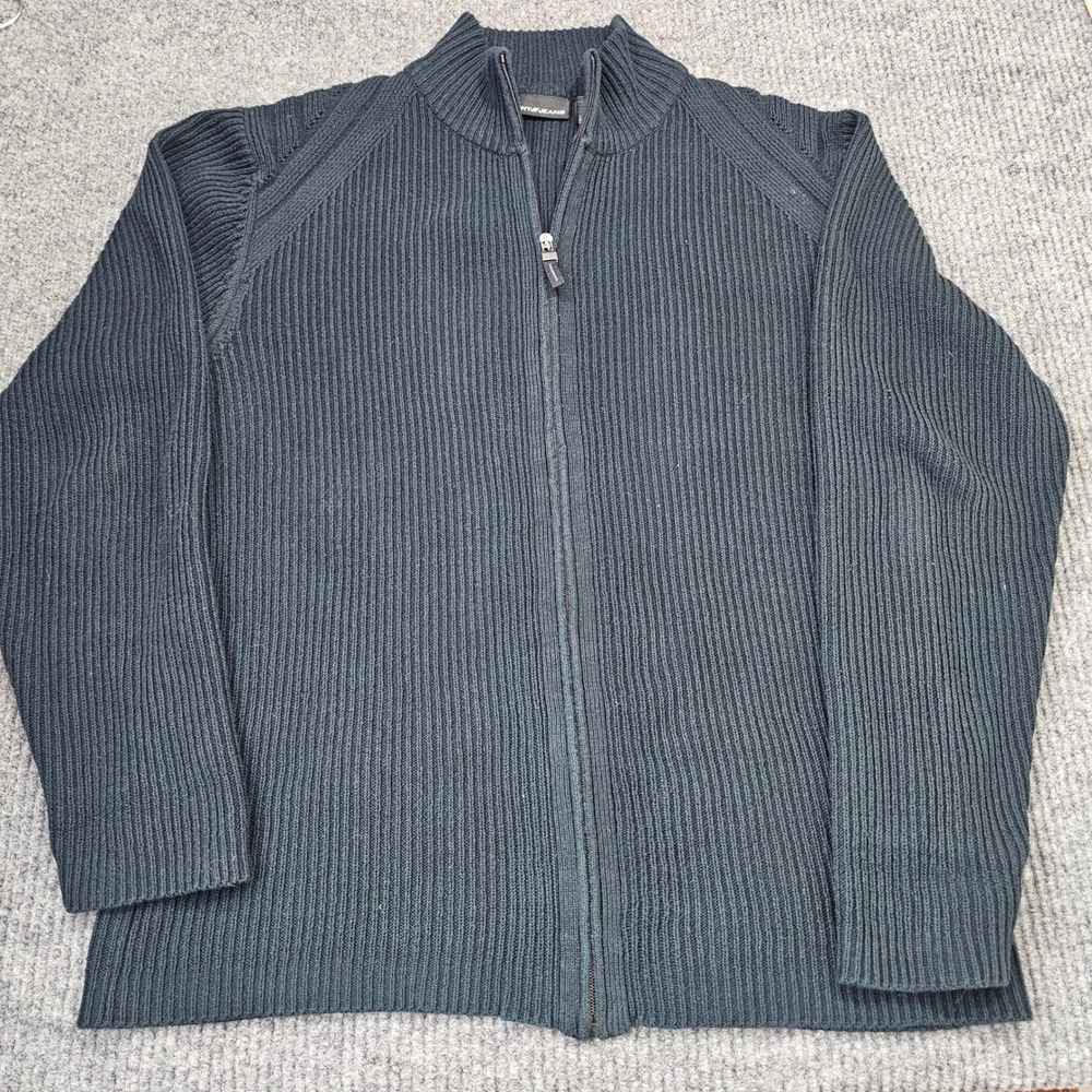 DKNY Jeans Sweater Mens Large Black Full Zip Ribbed Cotton Mock Neck Casual